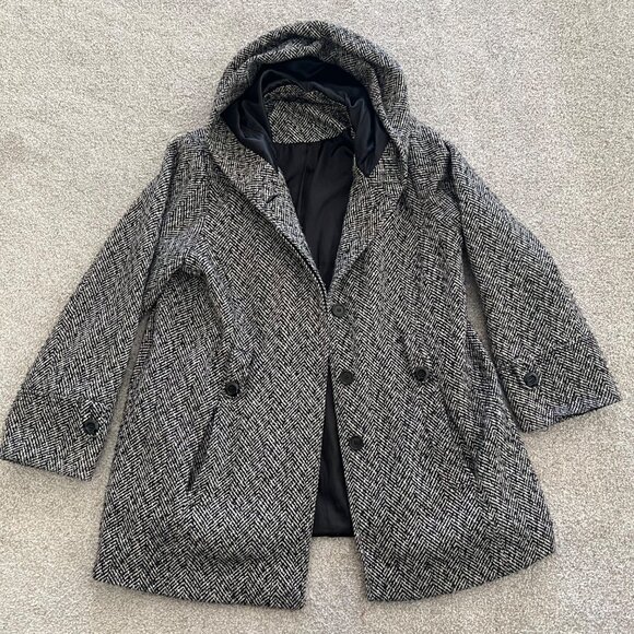George Herringbone Wool Blend Hooded Coat with Hidden Buttons Black & White 3XL - Picture 6 of 13